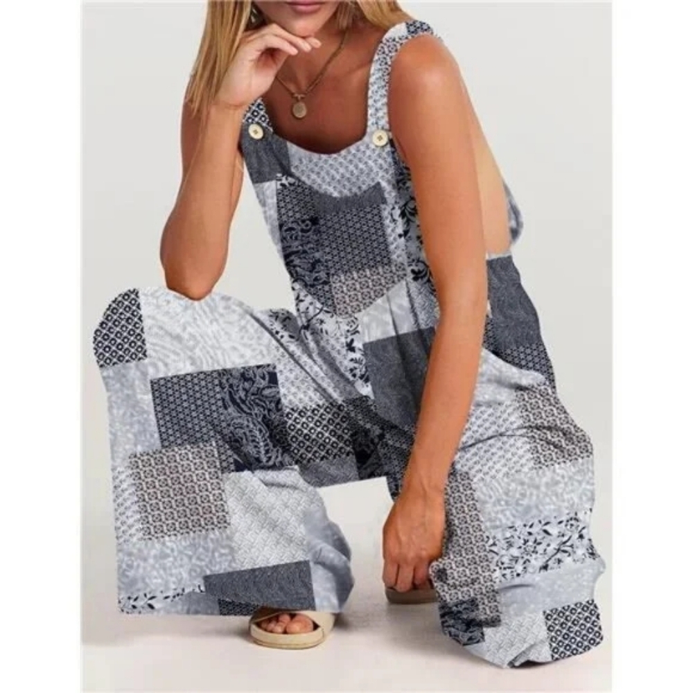 Bohemian Floral Cotton Overalls, Casual Patchwork Jumpsuit - Picture 2 of 7